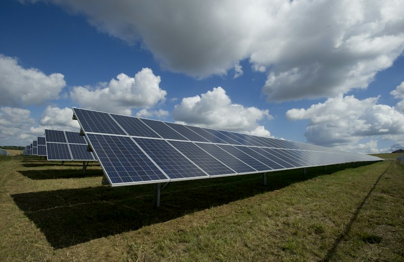 Rows of solar photovoltaic panels in a field