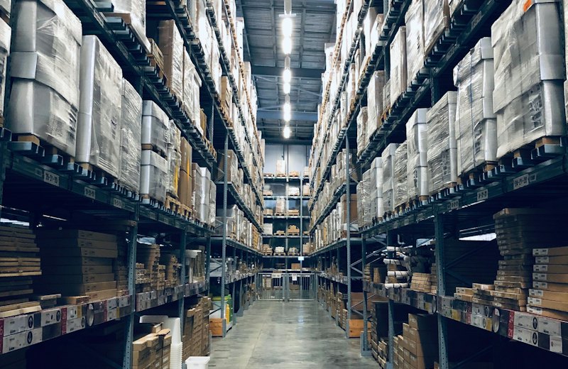 Aisle of a stocked distribution warehouse